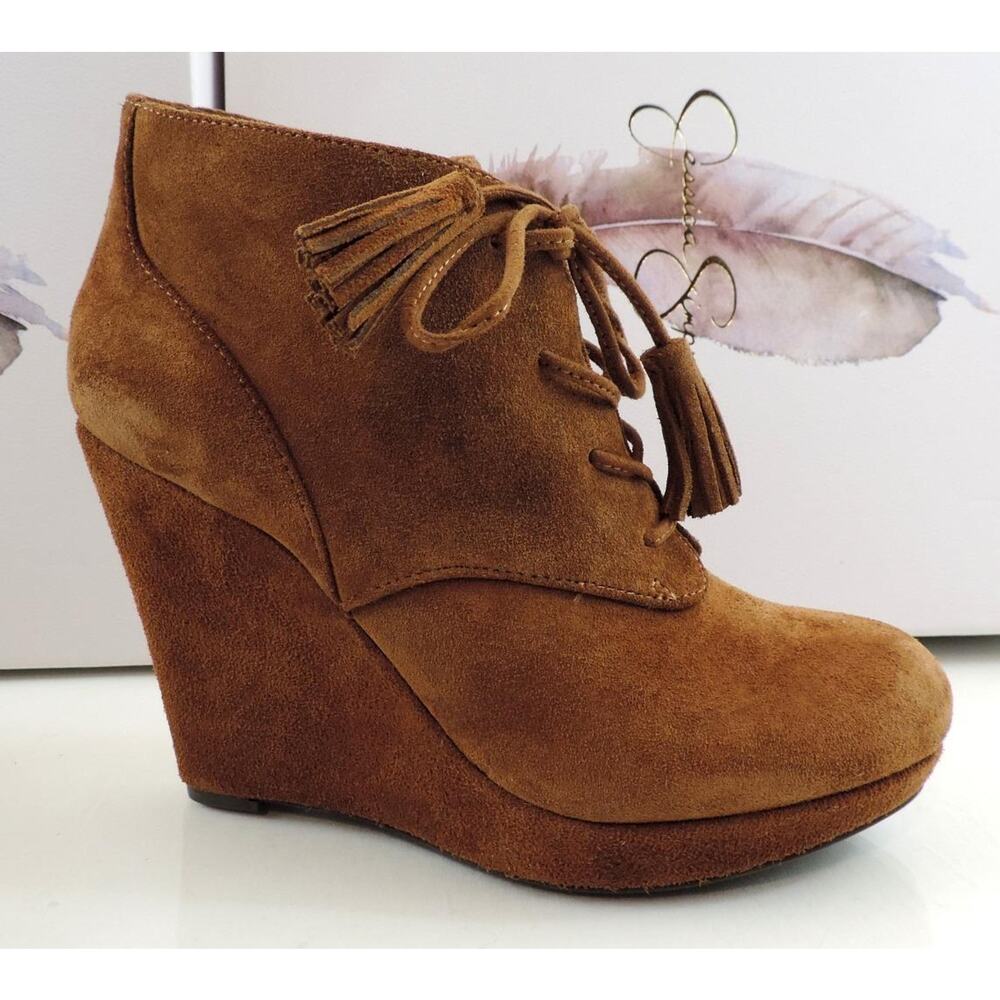 Jessica Simpson Size 8 Cyntia Ankle Wedge Booties Heels Lace Up Suede Brown